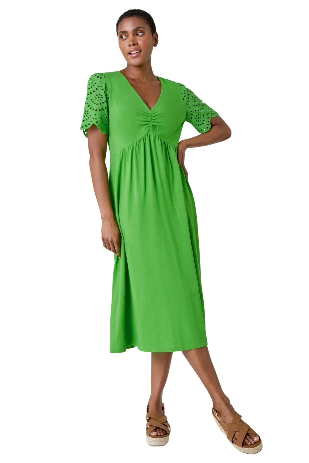 Roman Green Cotton Broderie Sleeve Midi Dress - 24 | Matalan Roman Green Cotton Broderie Sleeve Midi Dress - 24 | Matalan