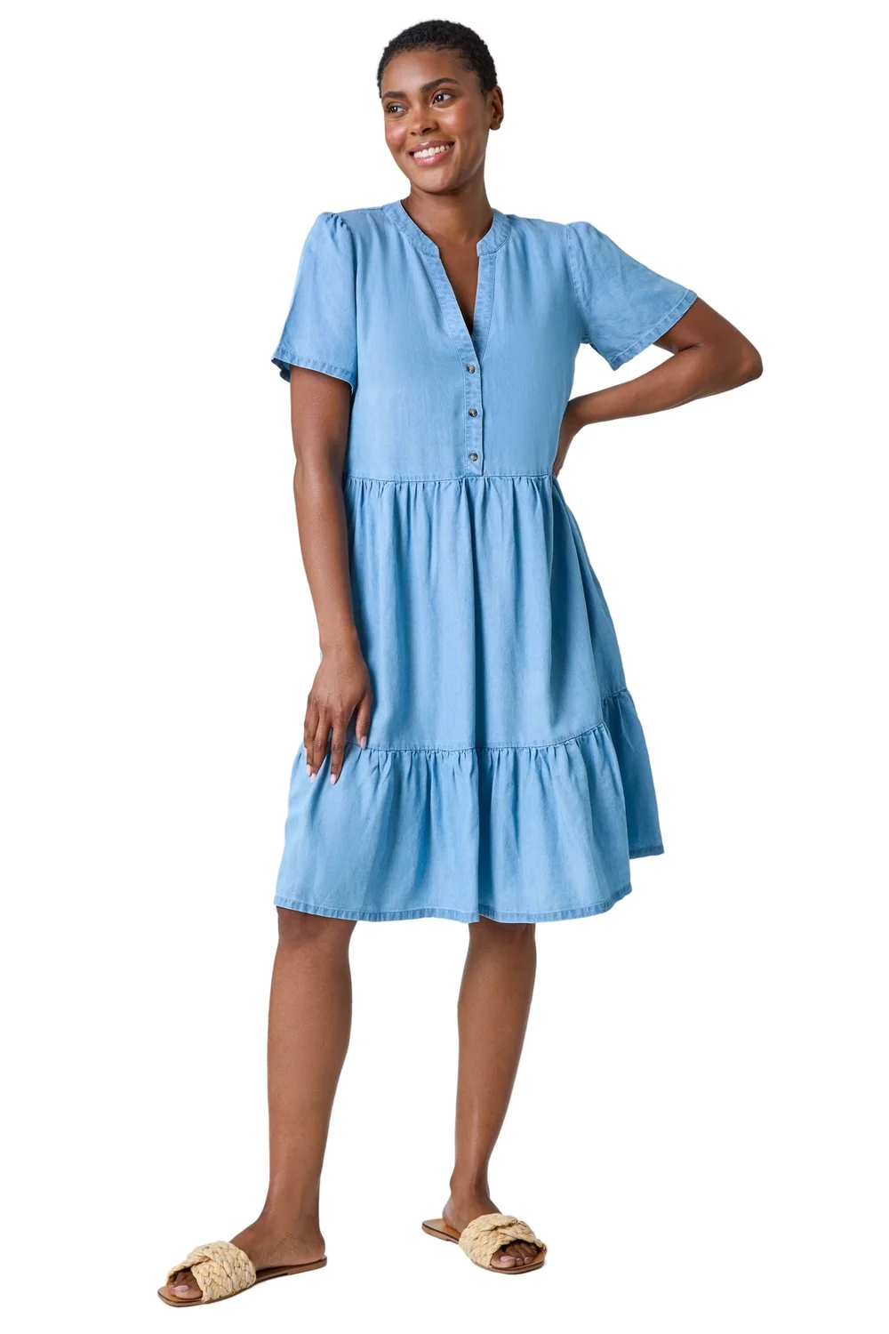 Roman Light Denim Denim Tiered Smock Dress - 12 | Matalan Roman Light Denim Denim Tiered Smock Dress - 12 | Matalan