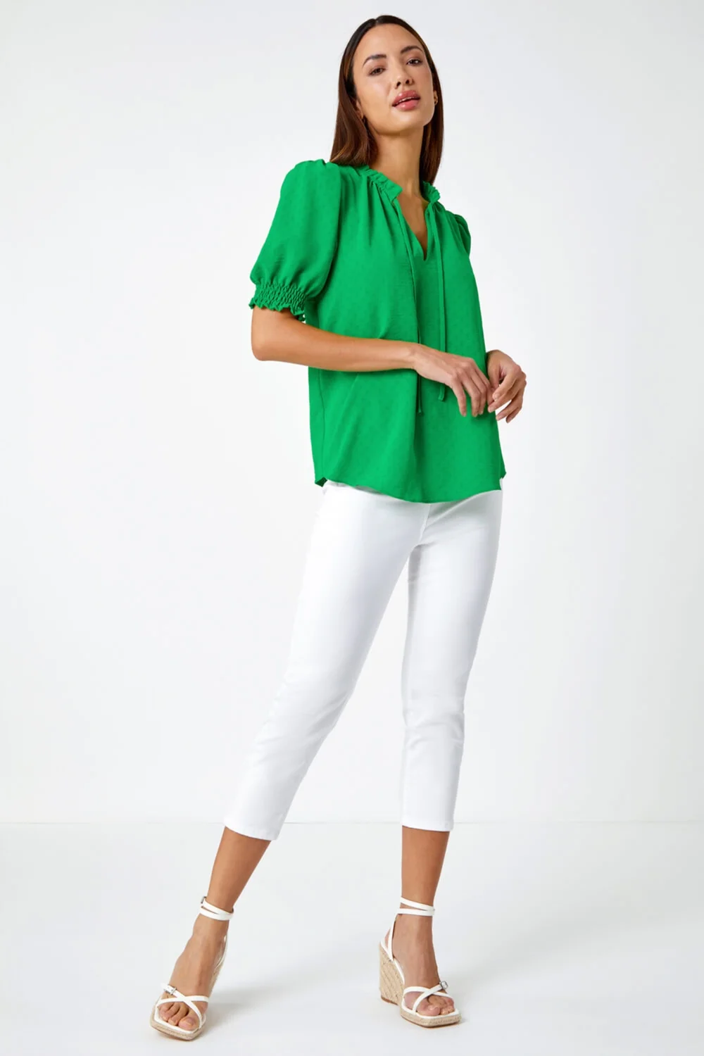 Roman Green Frill Neck Plain Tie Detail Top - Size 26 Image 4