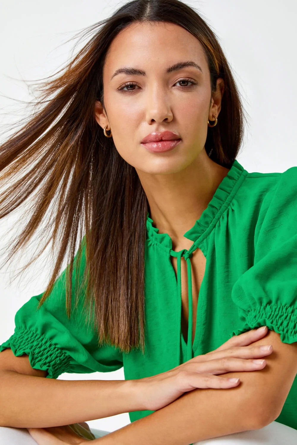 Roman Green Frill Neck Plain Tie Detail Top - Size 26 Image 2