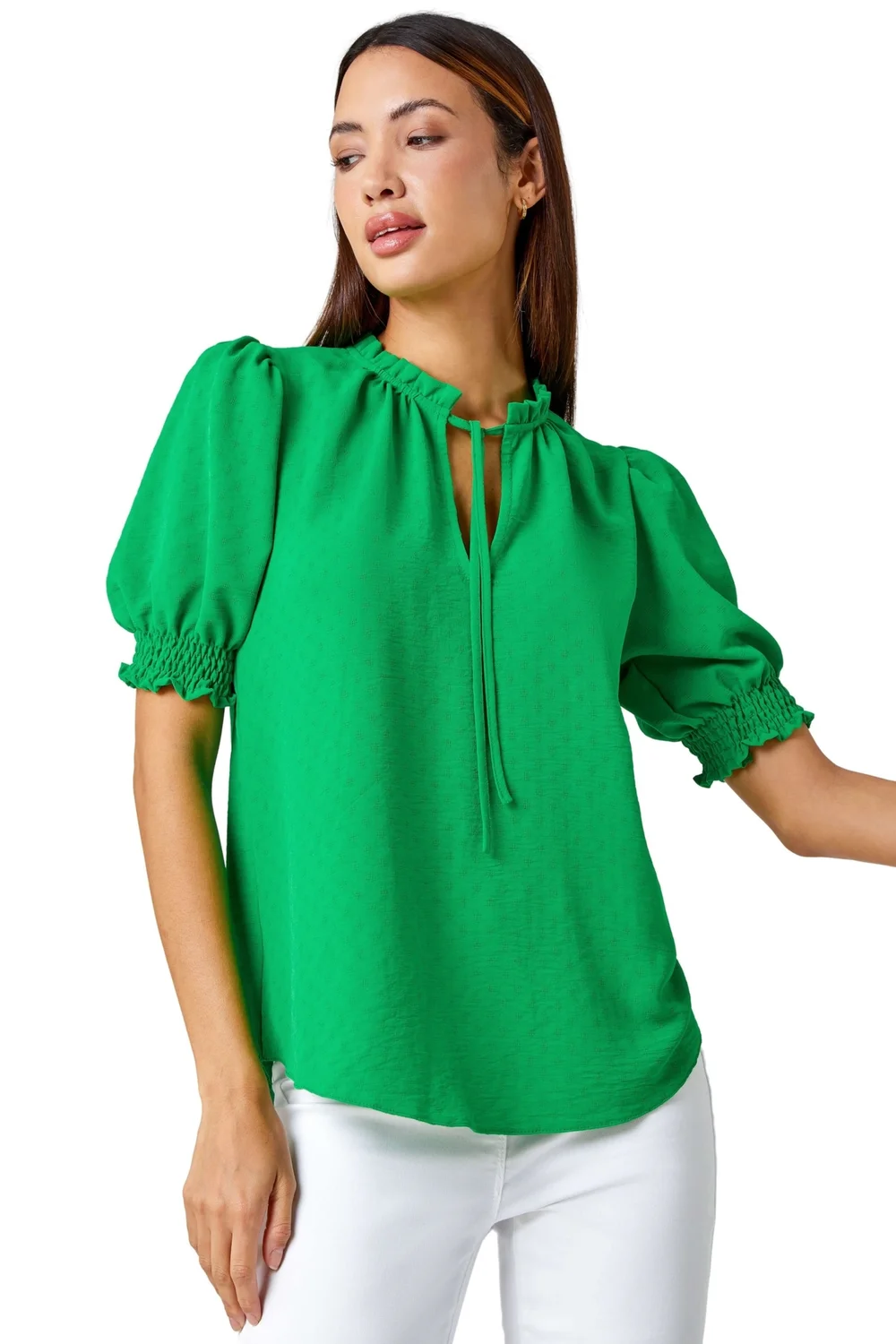 Roman Green Frill Neck Plain Tie Detail Top - Size 26 Image 1