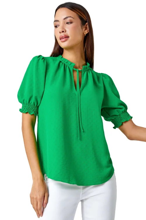 Roman Green Frill Neck Plain Tie Detail Top - Size 26 Image 1