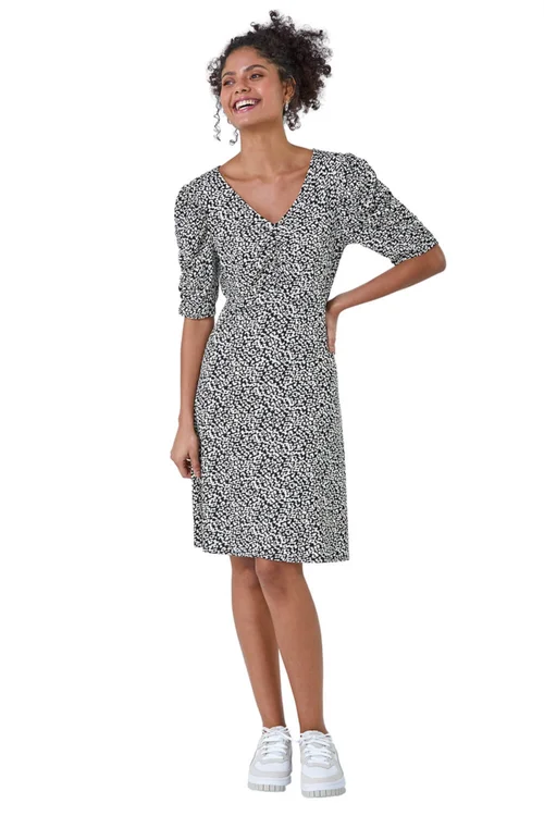 Roman Dusk Black Ditsy Floral Ruched Puff Sleeve Dress - 18 Image 1