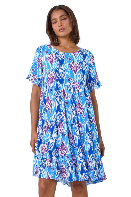 Roman Blue Aztec Print Tiered Smock Dress - 10 Image 1
