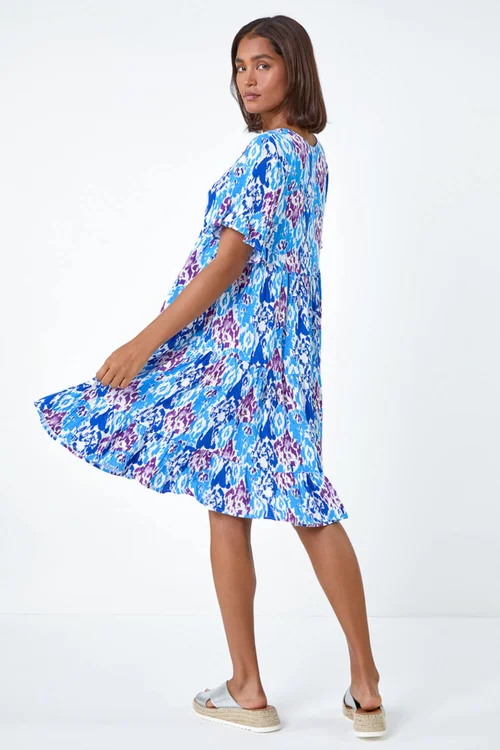 Roman Blue Aztec Print Tiered Smock Dress - 10 Image 3