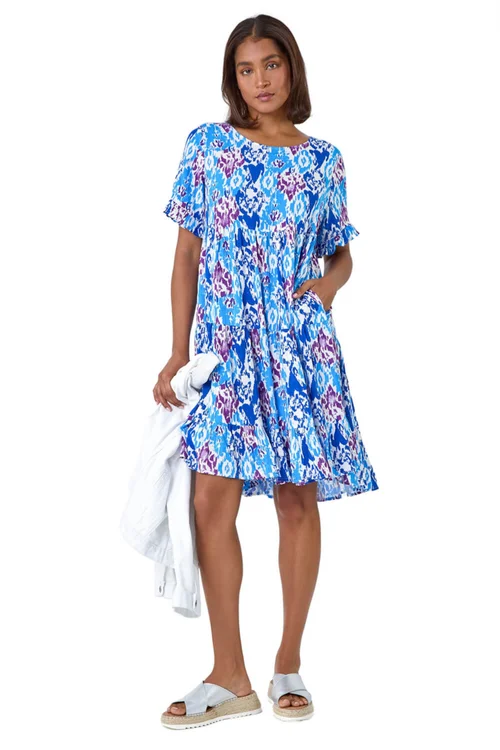 Roman Blue Aztec Print Tiered Smock Dress - 10 Image 2