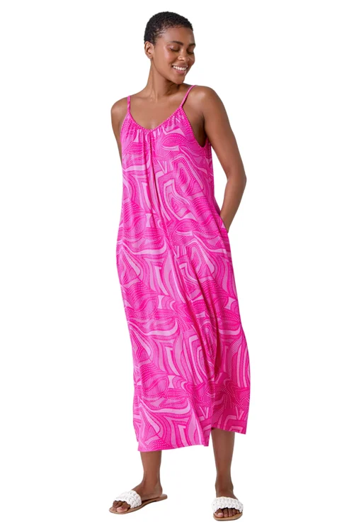 Roman Fuchsia Abstract Stretch Jersey Pocket Midi Dress - 14 Image 1