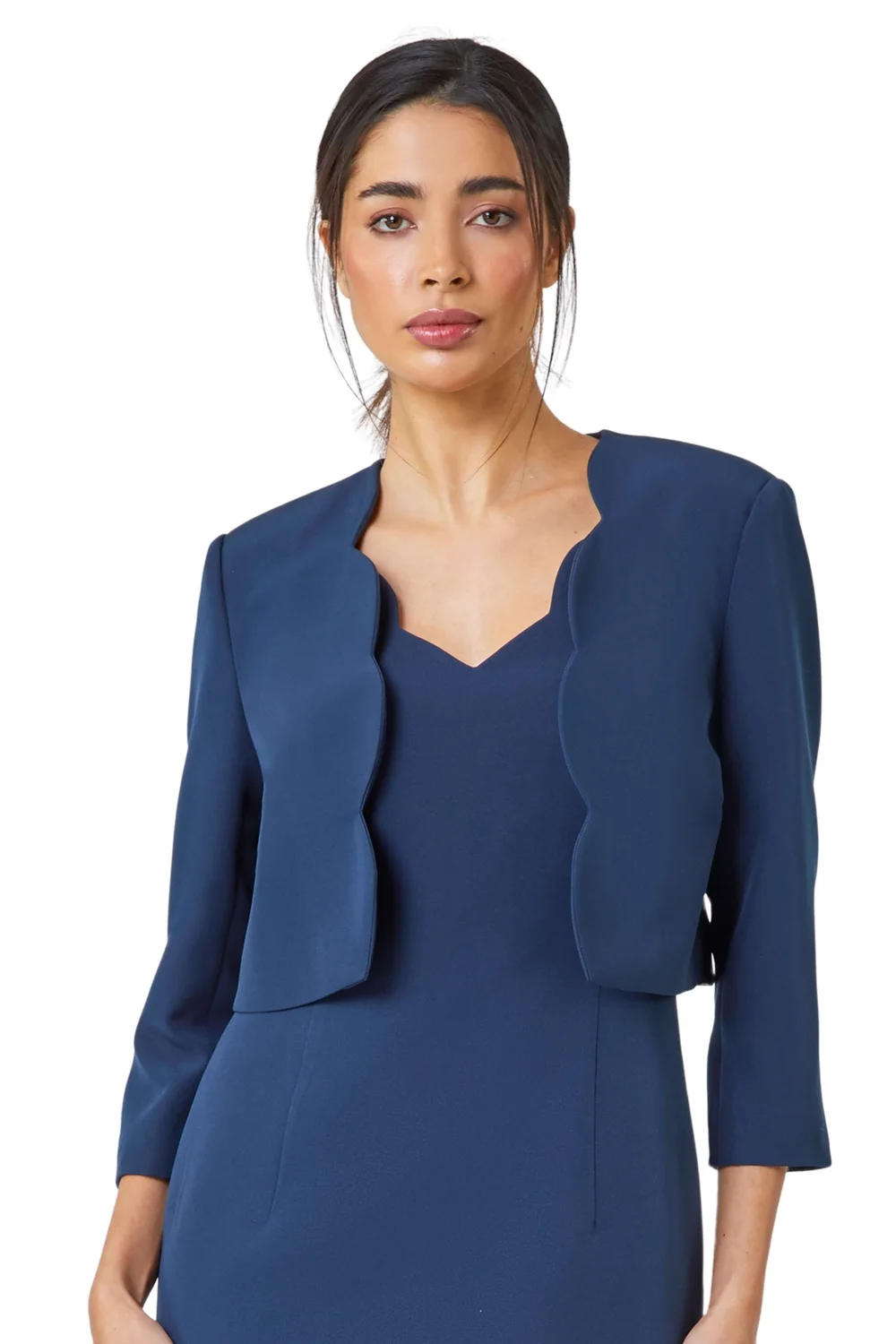 Roman Navy 3/4 Sleeve Cropped Scallop Edge Smart Jacket - 14 Image 1