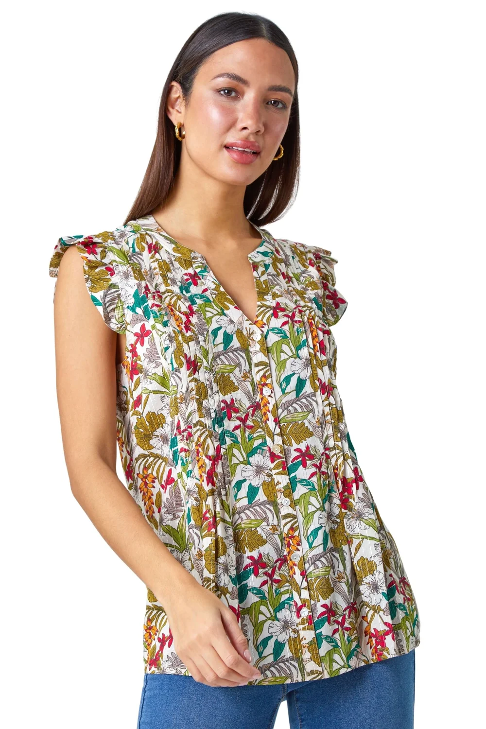 Roman Olive Shimmer Stripe Floral Frill Sleeve V-Neck Top - Size 24 Image 1