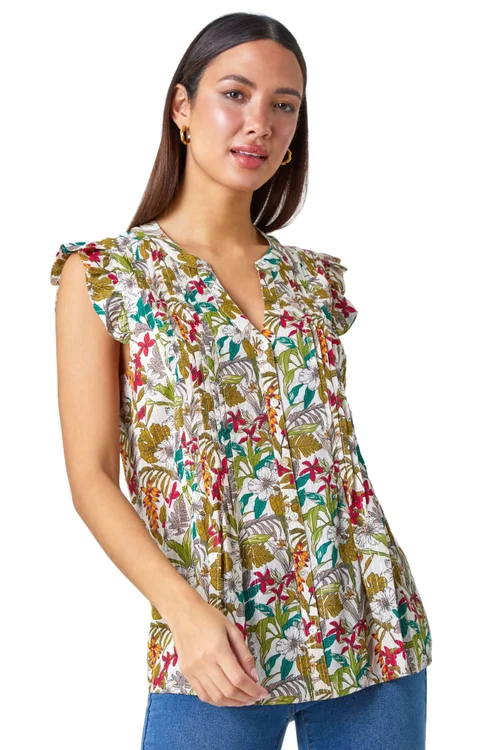 Roman Olive Shimmer Stripe Floral Frill Sleeve V-Neck Top - Size 24 Image 1