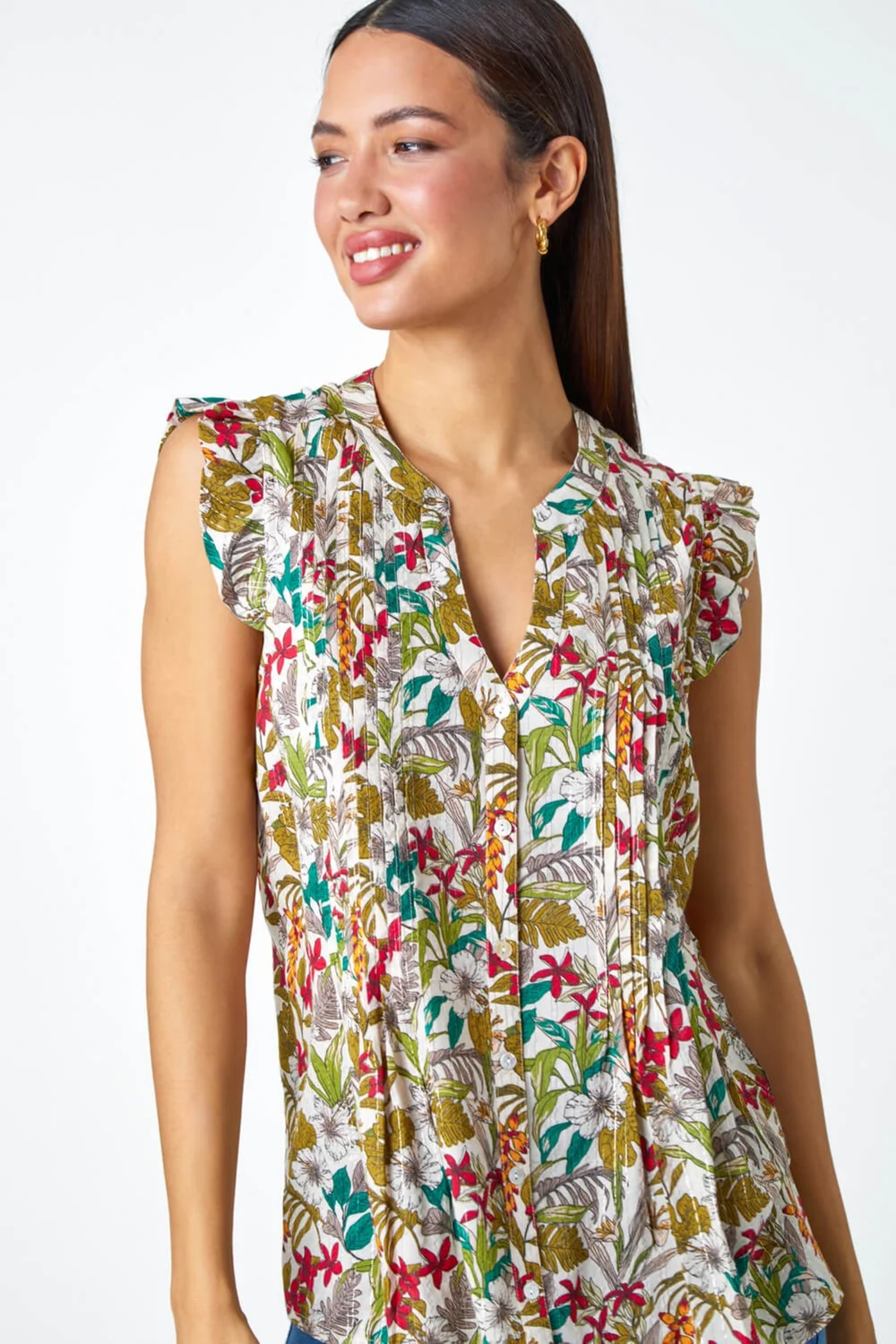 Roman Olive Shimmer Stripe Floral Frill Sleeve V-Neck Top - Size 24 Image 2