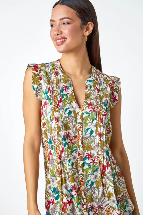 Roman Olive Shimmer Stripe Floral Frill Sleeve V-Neck Top - Size 24 Image 2