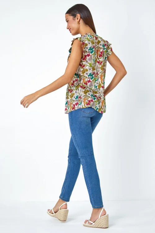 Roman Olive Shimmer Stripe Floral Frill Sleeve V-Neck Top - Size 24 Image 4