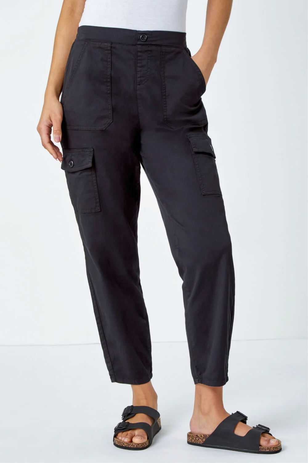 Roman Black Casual Elastic Waist Cargo Stretch Trousers - 10 Image 4