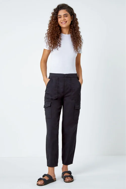 Roman Black Casual Elastic Waist Cargo Stretch Trousers - 10 Image 2