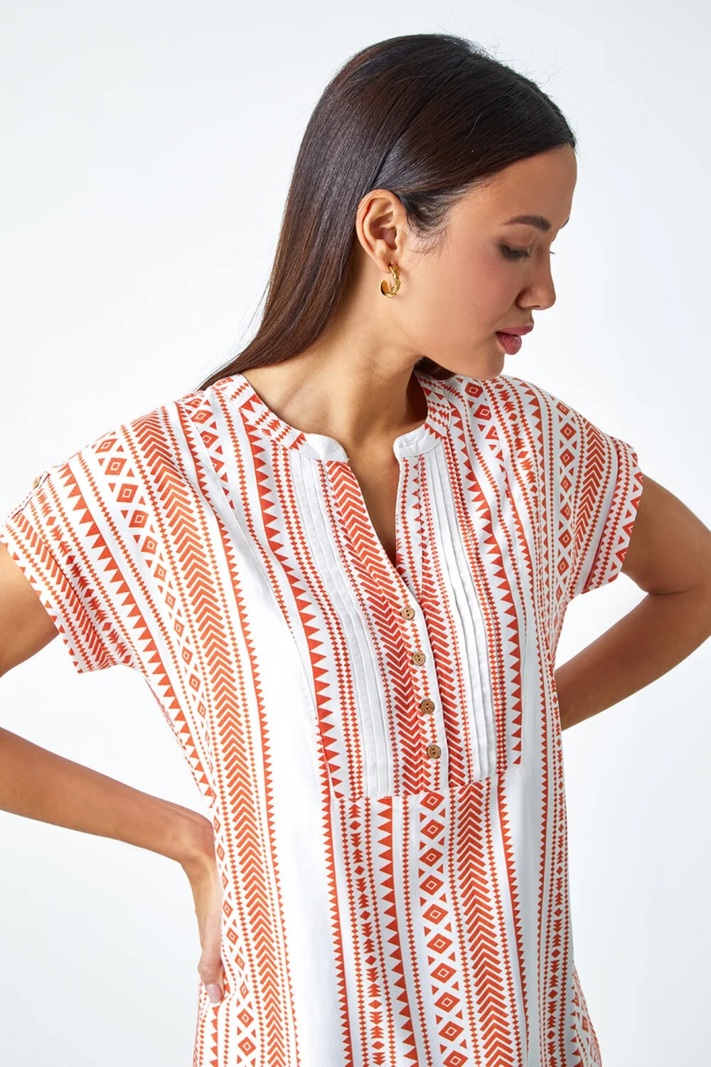 Roman Red Aztec Print Button V-Neck Detail Top - Size 10 Image 4