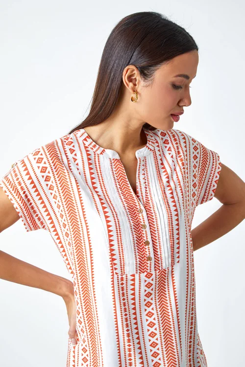 Roman Red Aztec Print Button V-Neck Detail Top - Size 10 Image 4