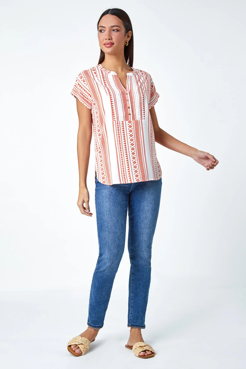 Roman Red Aztec Print Button V-Neck Detail Top - Size 10 Image 2