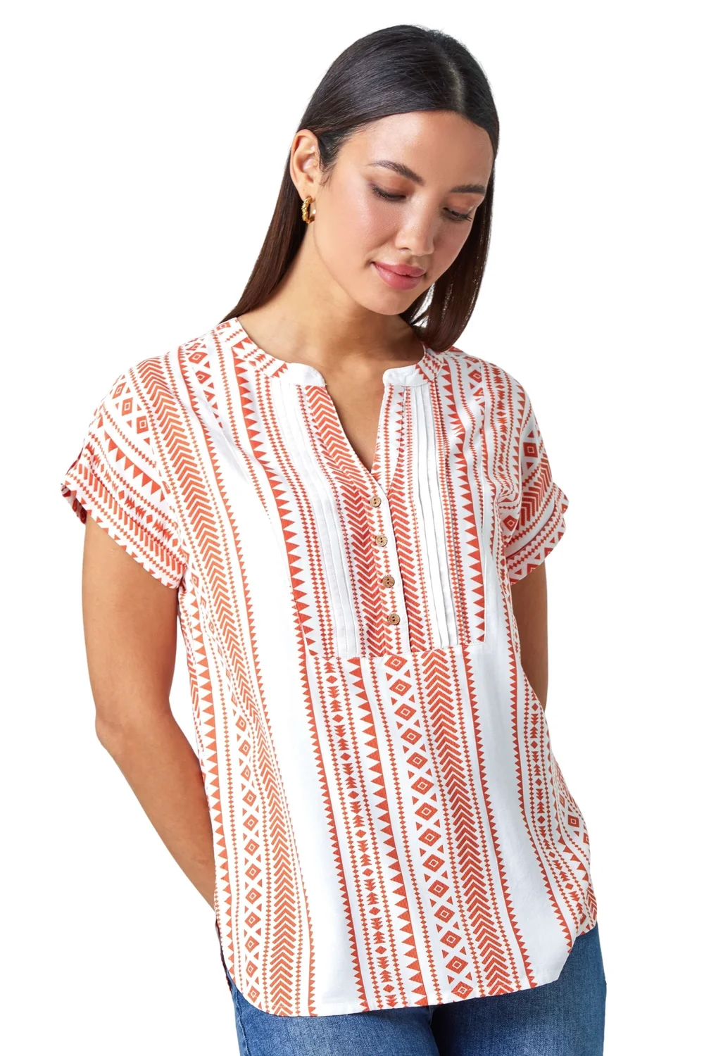 Roman Red Aztec Print Button V-Neck Detail Top - Size 10 Image 1