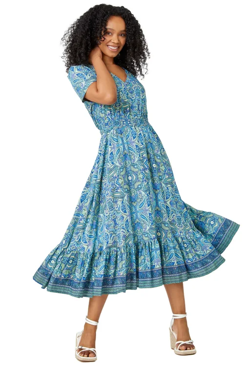 Roman Blue Petite Paisley Print Frill Hem Midi Dress - 6 Image 1