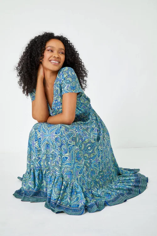 Roman Blue Petite Paisley Print Frill Hem Midi Dress - 6 Image 2