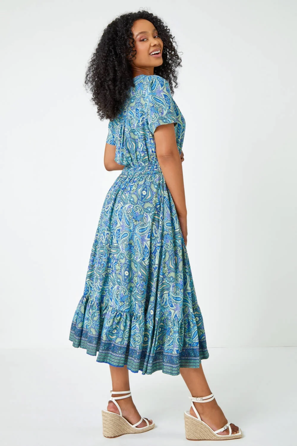 Roman Blue Petite Paisley Print Frill Hem Midi Dress - 6 Image 3