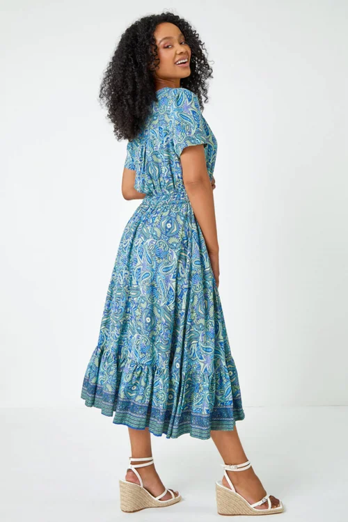 Roman Blue Petite Paisley Print Frill Hem Midi Dress - 6 Image 3