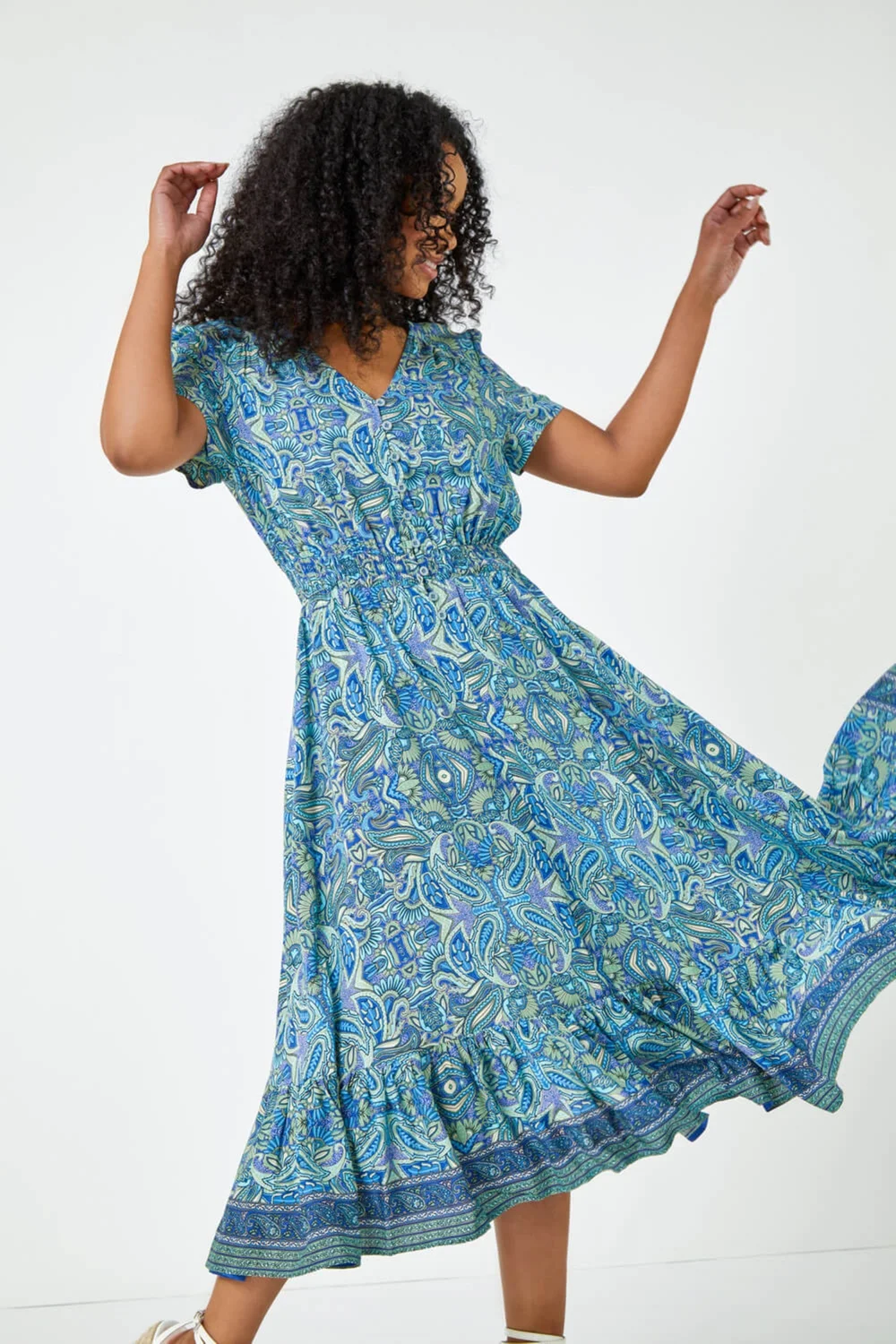 Roman Blue Petite Paisley Print Frill Hem Midi Dress - 6 Image 4