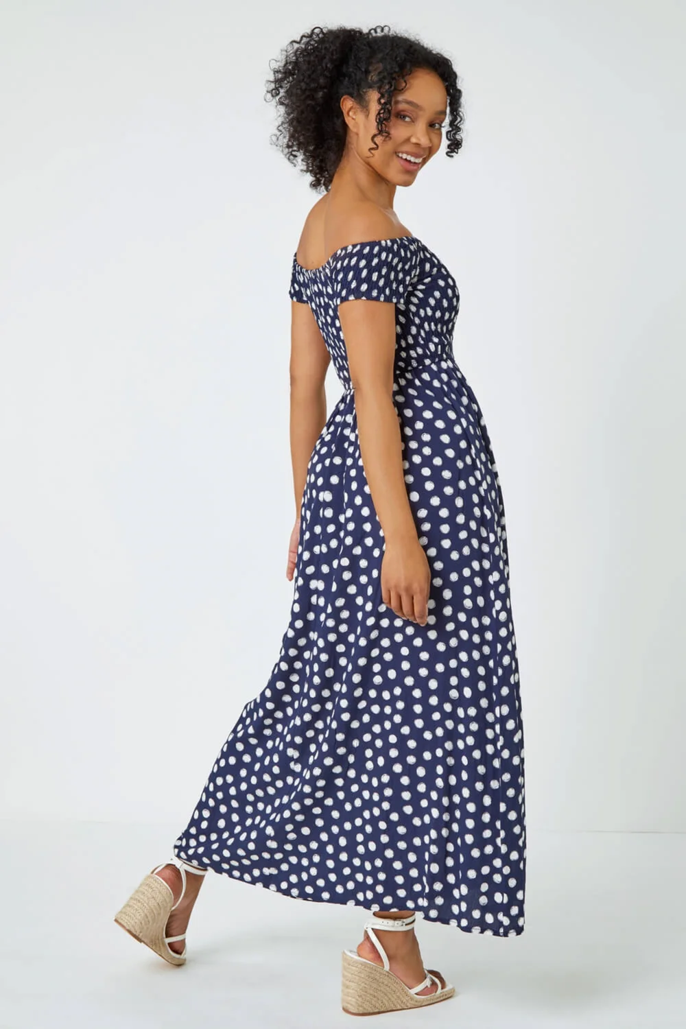 Roman Navy Petite Polka Dot Bardot Maxi Dress - 6 Image 4