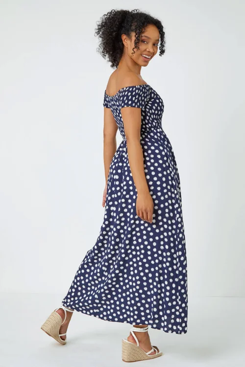 Roman Navy Petite Polka Dot Bardot Maxi Dress - 6 Image 4