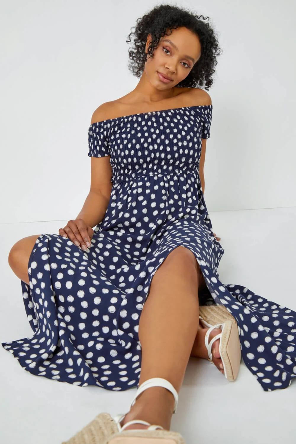 Roman Navy Petite Polka Dot Bardot Maxi Dress - 6 Image 3