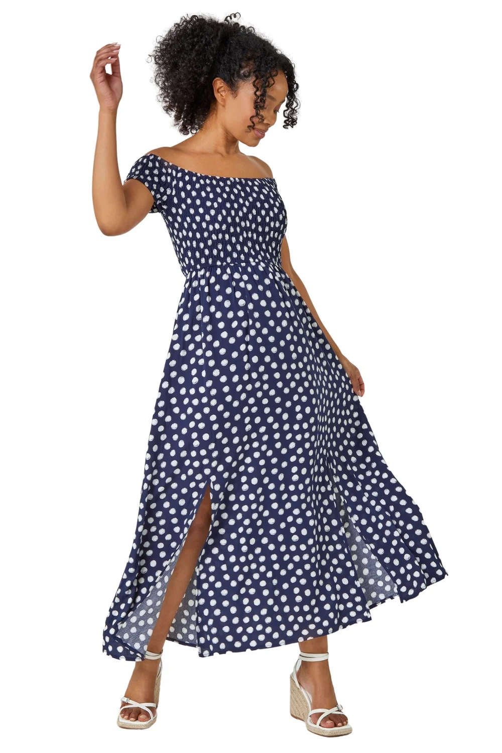 Roman Navy Petite Polka Dot Bardot Maxi Dress - 6 Image 1