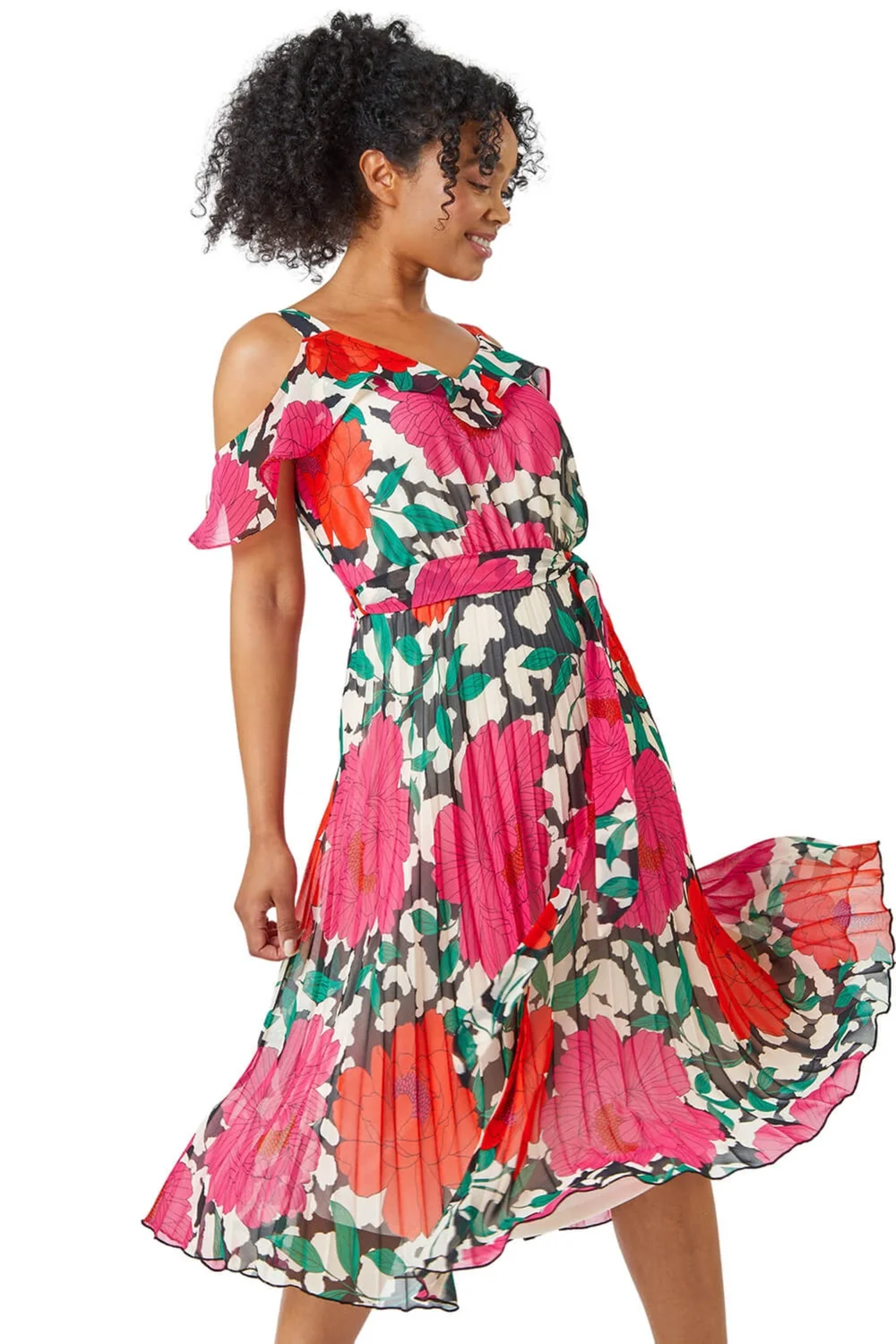 Roman Petite Pink Petite Floral Cold Shoulder Chiffon Midi Dress - 22 Image 1