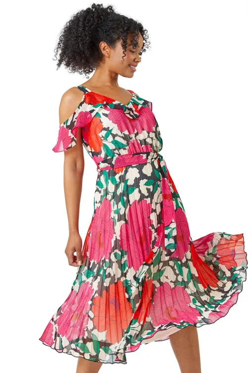 Roman Petite Pink Petite Floral Cold Shoulder Chiffon Midi Dress - 22 Image 1