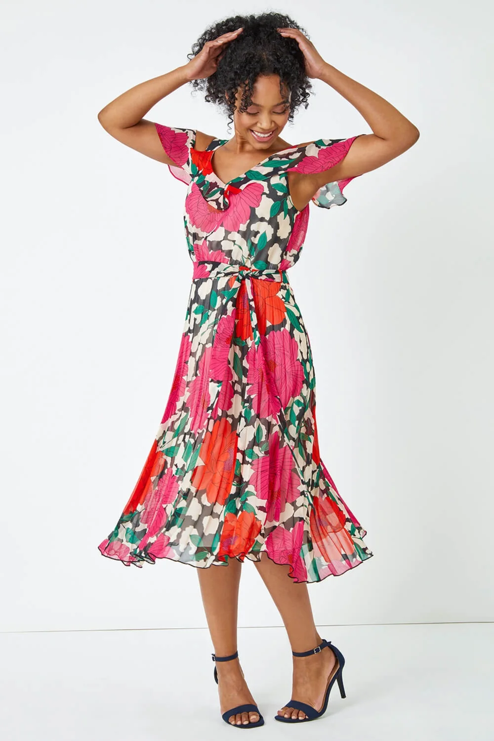 Roman Petite Pink Petite Floral Cold Shoulder Chiffon Midi Dress - 22 Image 3