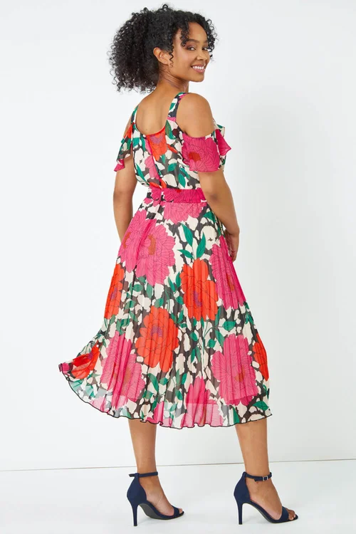 Roman Petite Pink Petite Floral Cold Shoulder Chiffon Midi Dress - 22 Image 4