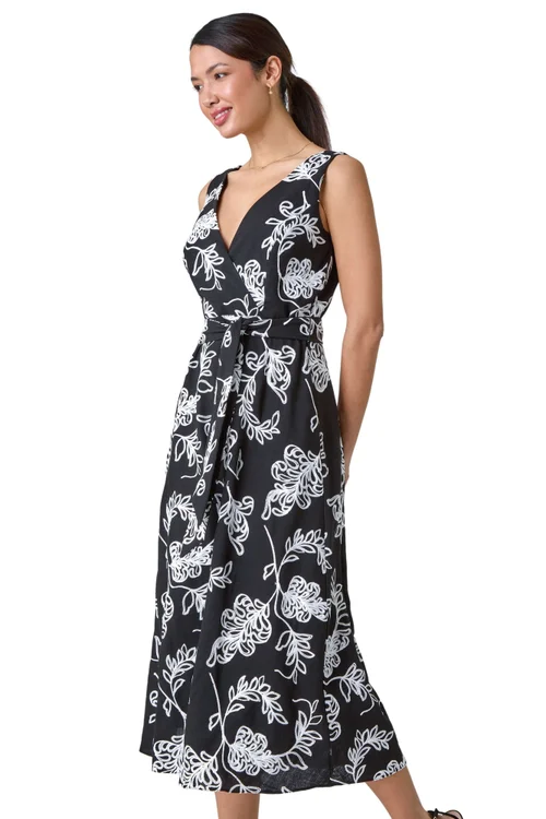 Roman Black Floral Embroidered Cotton Blend Dress - Size 10 Image 2