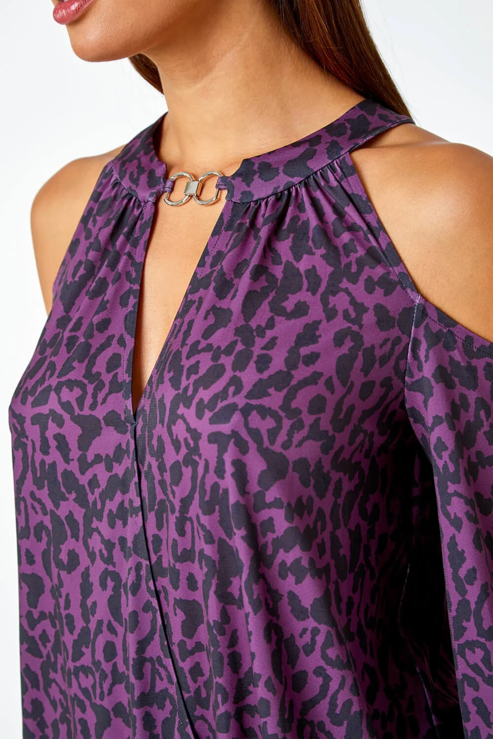 Roman Purple Animal Print Cold Shoulder Stretch Top - Size 18 Image 4