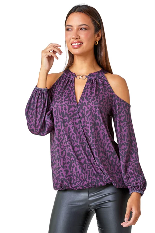 Roman Purple Animal Print Cold Shoulder Stretch Top - Size 18 Image 1