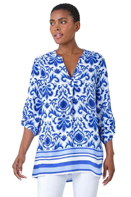 Roman Blue Ornate Border Print Pleated V-Neck Top - Size 16 Image 1