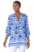Roman Blue Ornate Border Print Pleated V-Neck Top - Size 16 Image 1