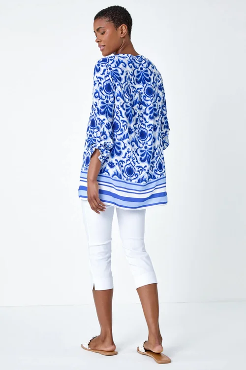 Roman Blue Ornate Border Print Pleated V-Neck Top - Size 16 Image 4