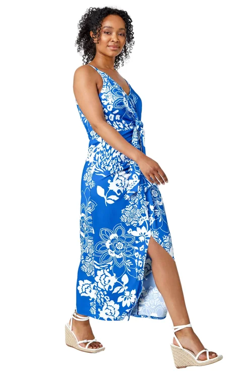 Roman Petite Blue Petite Floral Knot Stretch Maxi Dress - 24 Image 1
