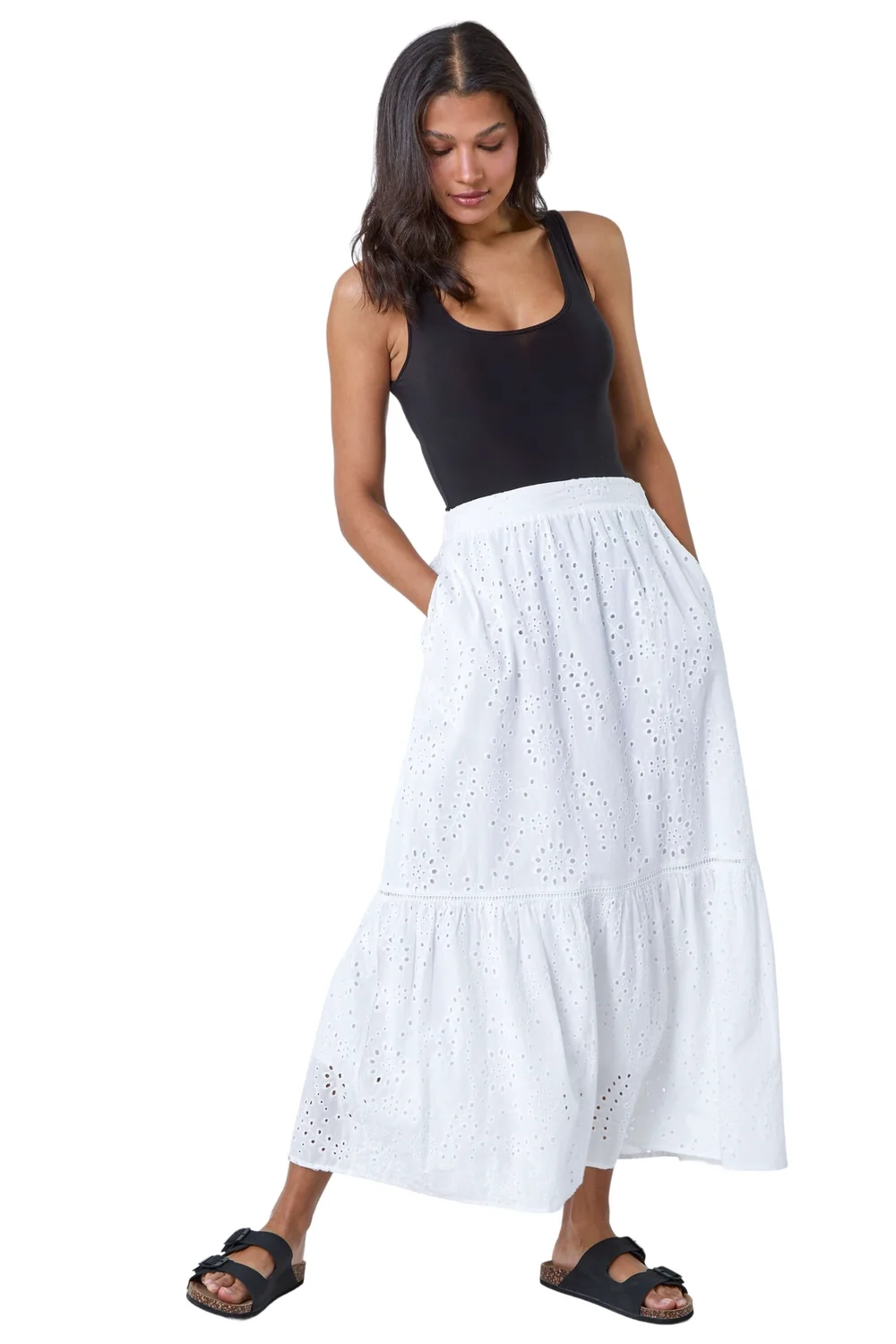 Roman White Cotton Broderie Pocket A Line Midi Skirt - Size 16 Image 1