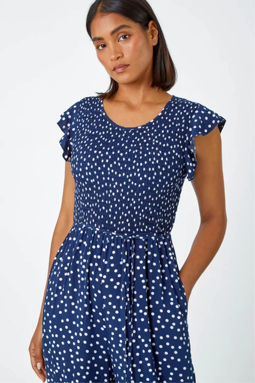 Roman Navy Polka Dot Shirred Pocket Jumpsuit - 10 Image 4