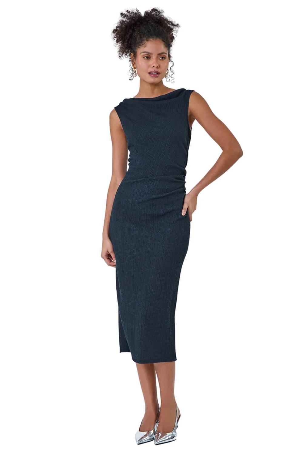 Roman Dusk Navy Ruched Cowl Neck Midi Dress - 14 Image 2