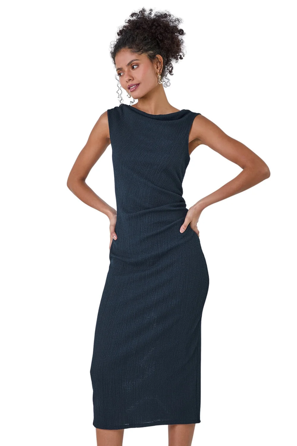 Roman Dusk Navy Ruched Cowl Neck Midi Dress - 14 Image 1
