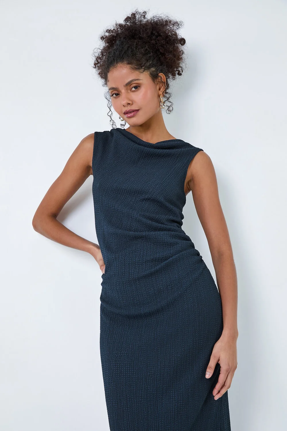 Roman Dusk Navy Ruched Cowl Neck Midi Dress - 14 Image 3