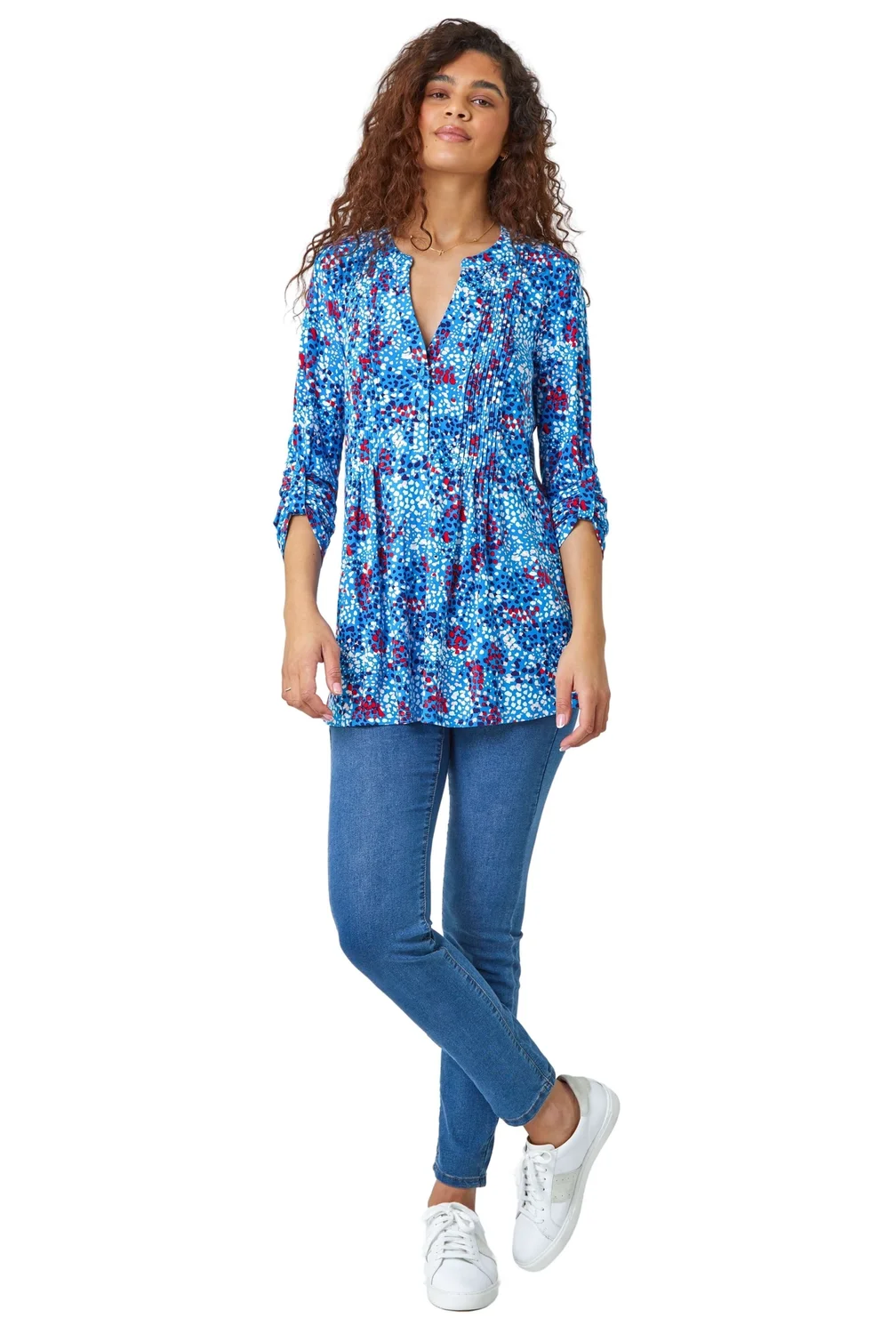Roman Blue Abstract Spot V-Neck Pintuck Stretch Top - Size 22 Image 2