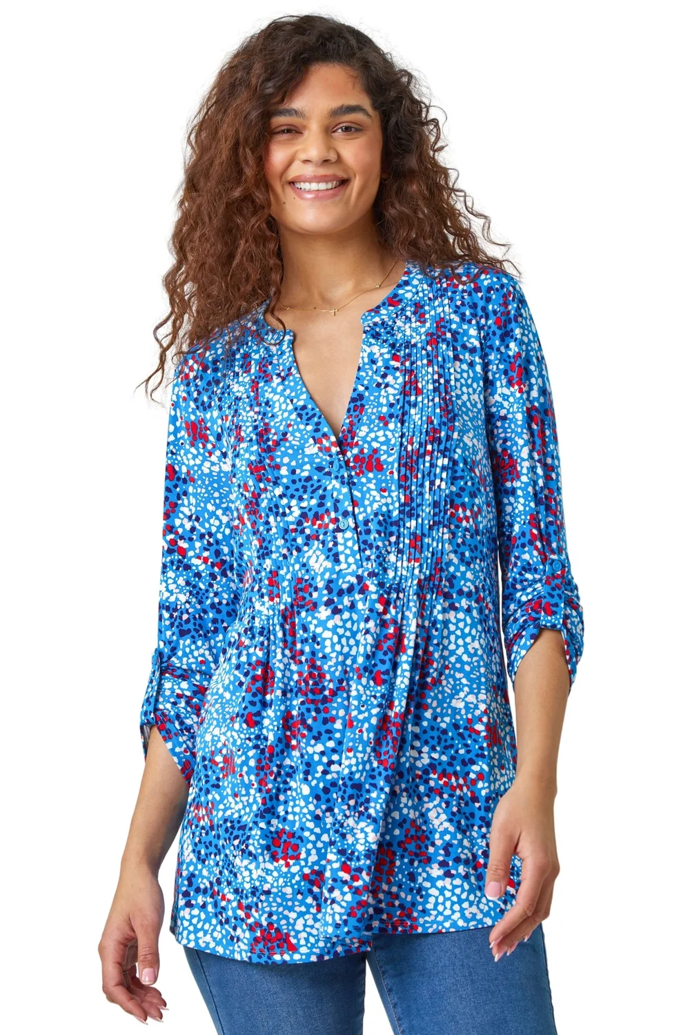 Roman Blue Abstract Spot V-Neck Pintuck Stretch Top - Size 22 Image 1
